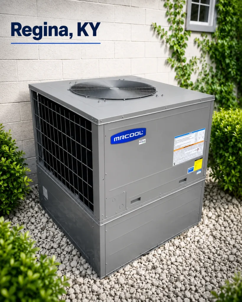MRCOOL packaged heat pump installed outside a home in Regina, Kentucky.