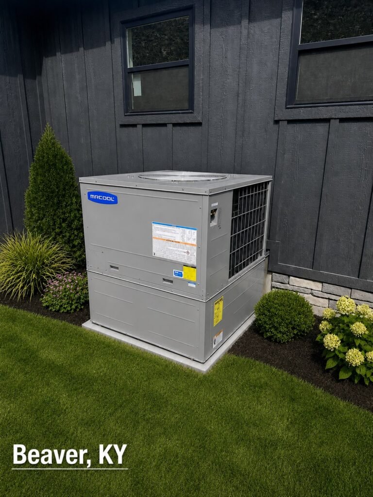 MRCOOL packaged heat pump professionally installed beside a home in Beaver, Kentucky.