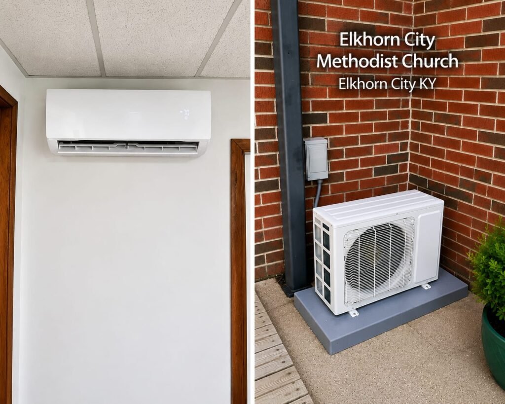 Ductless mini-split installation showing the indoor air handler and outdoor condenser at Elkhorn City Methodist Church in Elkhorn City, Kentucky.