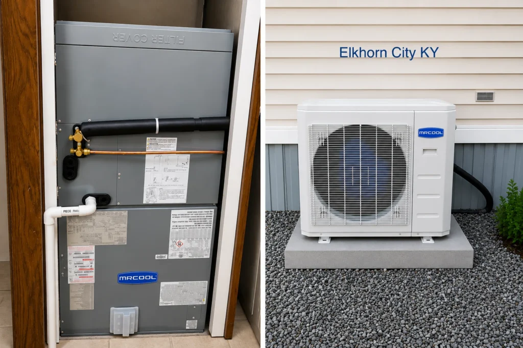 MRCOOL central heat pump system showing an indoor air handler and outdoor condenser installed in Elkhorn City, Kentucky.