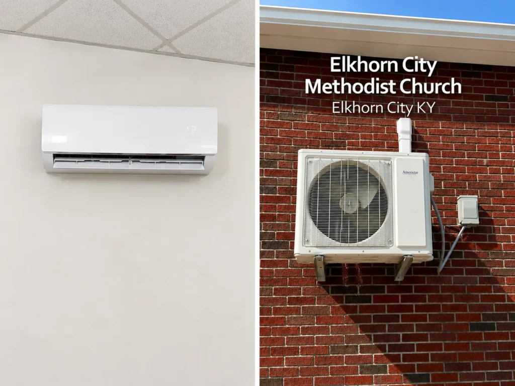 Ductless mini-split installation with an indoor air handler and outdoor condenser at Elkhorn City Methodist Church in Elkhorn City, Kentucky.