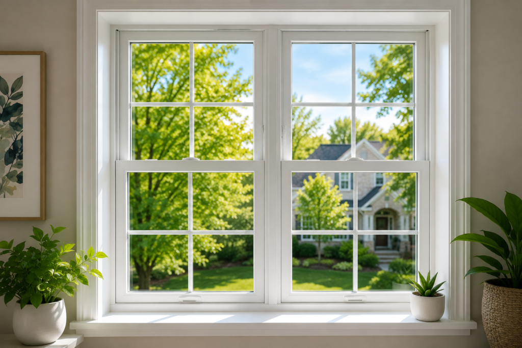 White energy-efficient vinyl double-hung replacement windows bringing natural light into a home.
