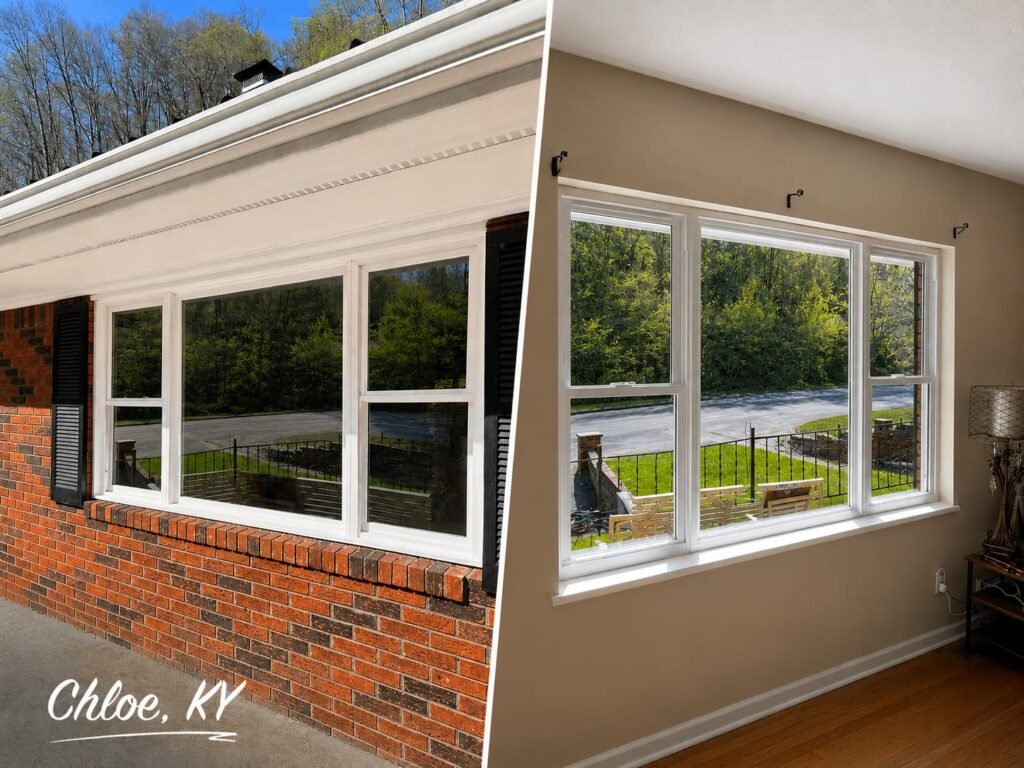 New white vinyl replacement windows shown from the exterior and interior of a brick home in Chloe, Kentucky.