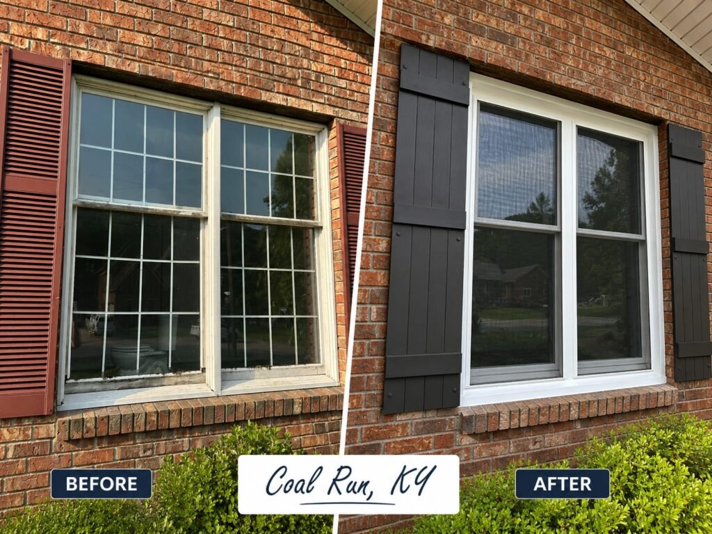 Before-and-after vinyl replacement window installation with new black shutters on a brick home in Coal Run, Kentucky.