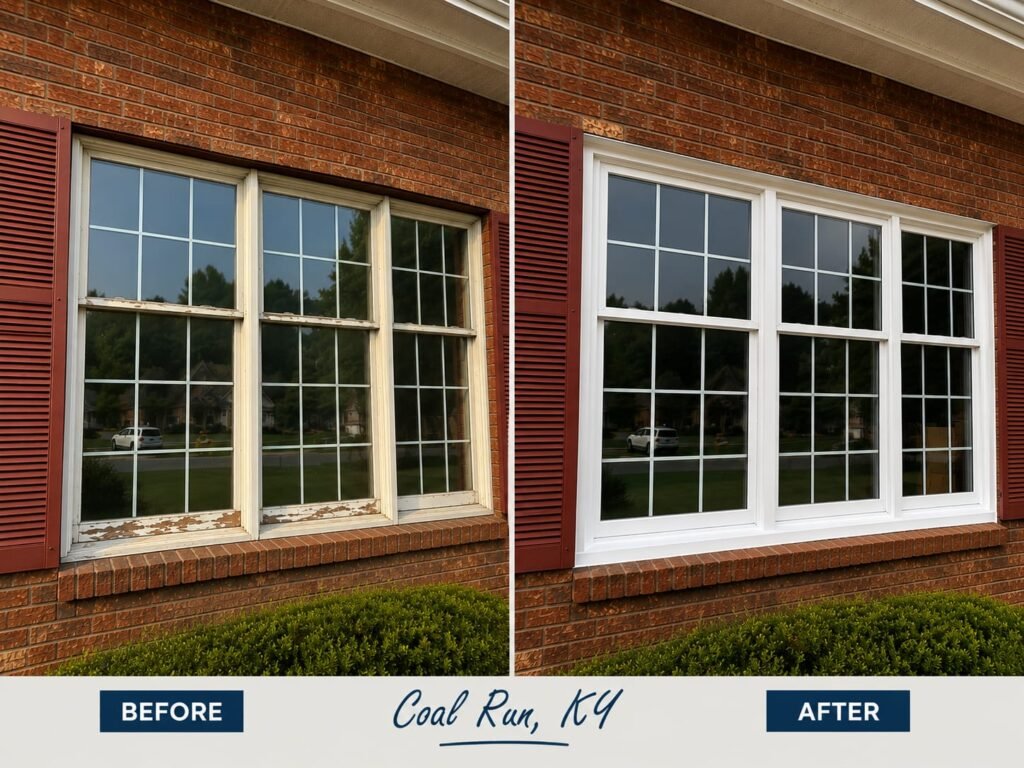 Before-and-after vinyl replacement window installation on a brick home in Coal Run, Kentucky.
