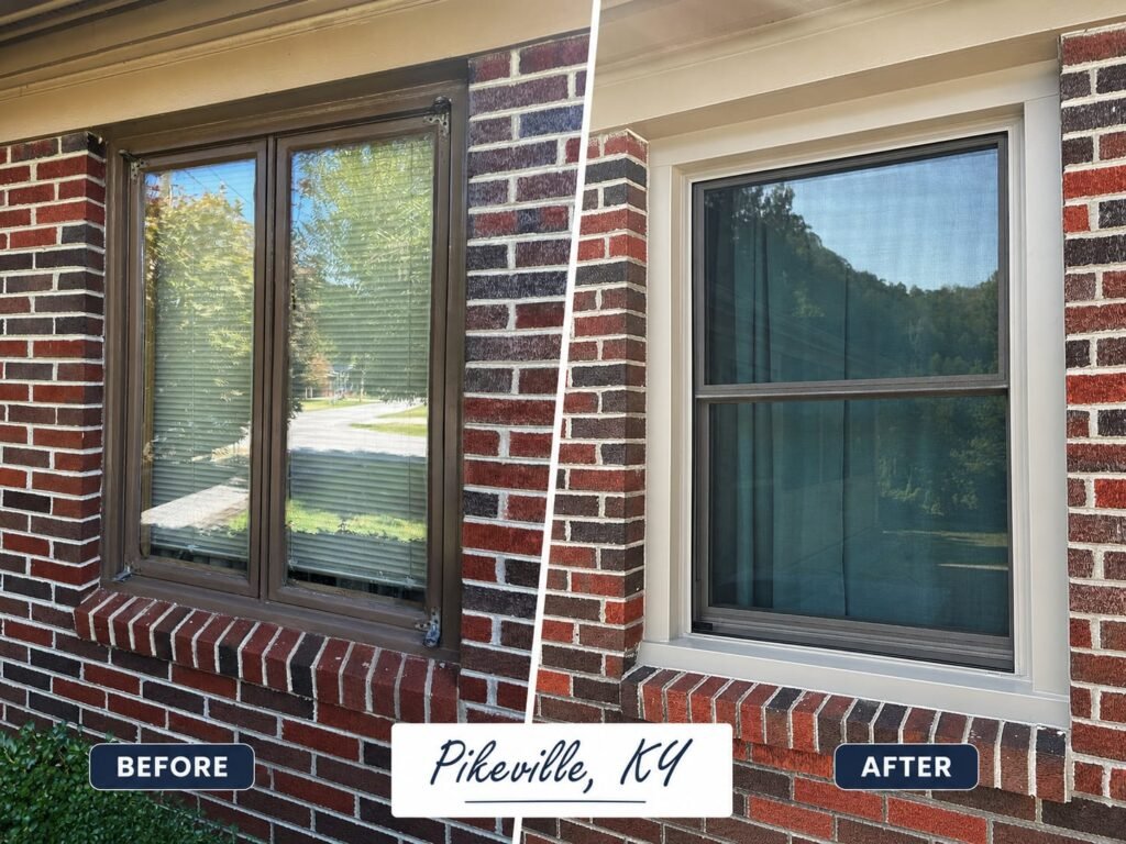 Before-and-after vinyl replacement window installation on a brick home in Pikeville, Kentucky.