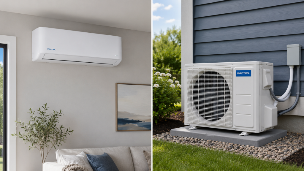 MRCOOL ductless mini-split heating and cooling system with indoor air handler and outdoor condenser.