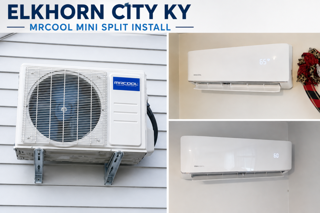 MRCOOL mini split installation in Elkhorn City KY by WindowPROHVAC showing indoor air handlers and outdoor condenser