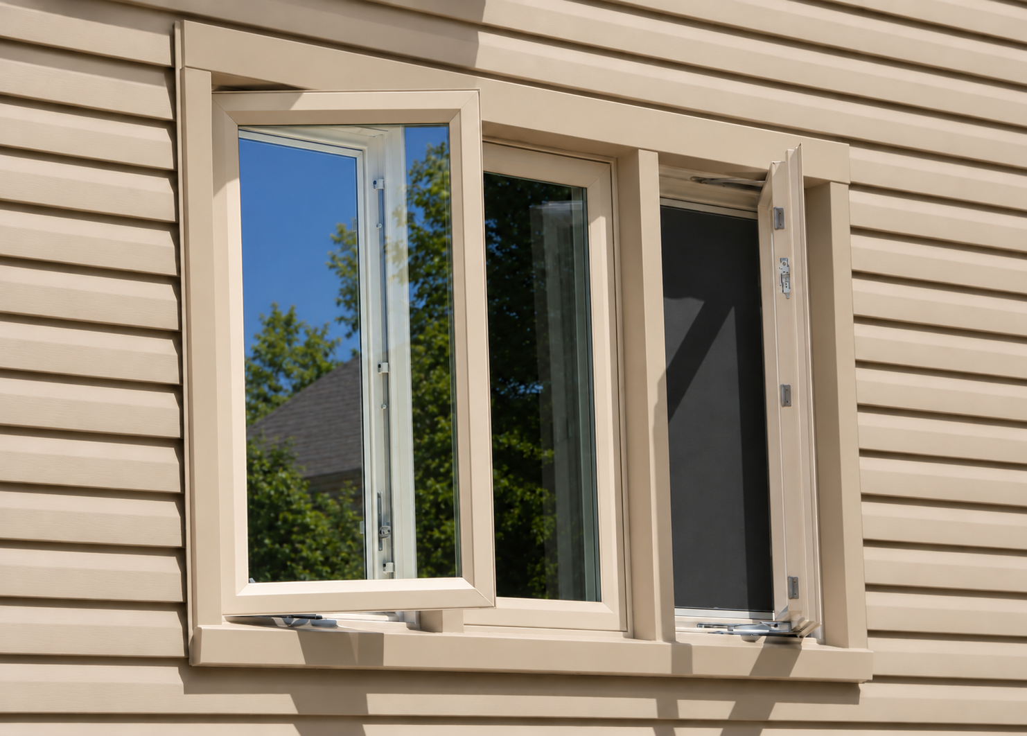 Clay color casement replacement windows installed on a vinyl sided home